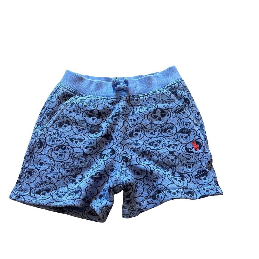 Ralph Lauren Polo Bear Fleece Shorts Blue Allover Print Baby Boy 24M‎ Drawstring